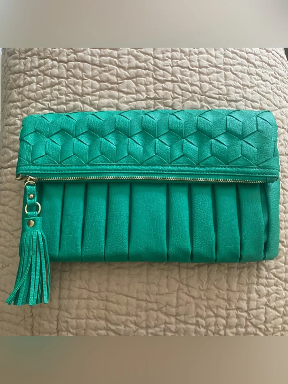 Fold-Over Tassel Clutch with Gold Chain crossbody